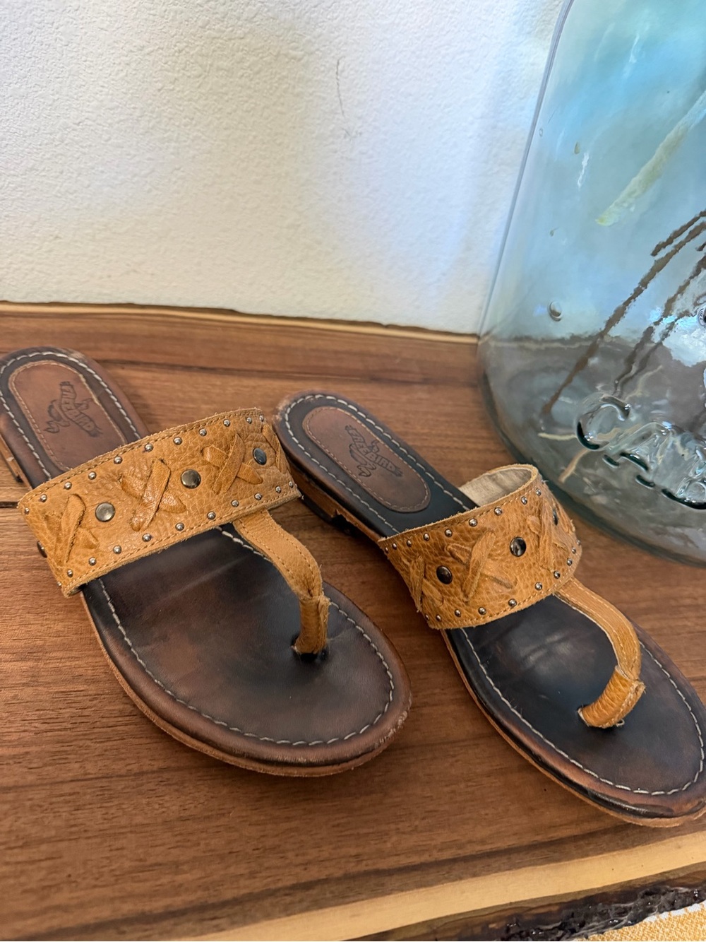 freebird Tan Embroidered Leather Thong Sandals with Studs